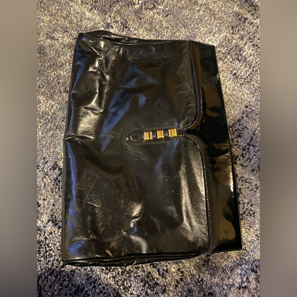 Vintage black patent leather clutch bag gold buttons 3 in the front
